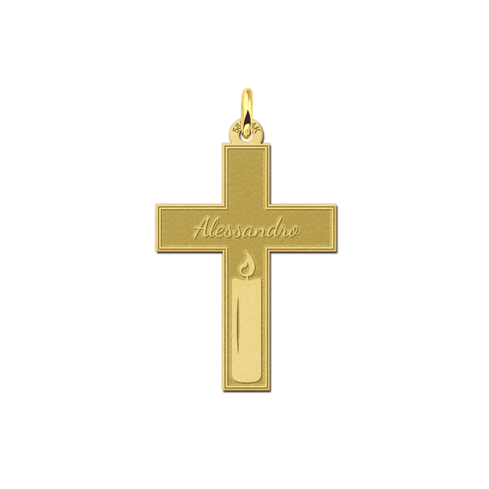 Goldenes Kommunion Kreuz mit Gravur und Kerze