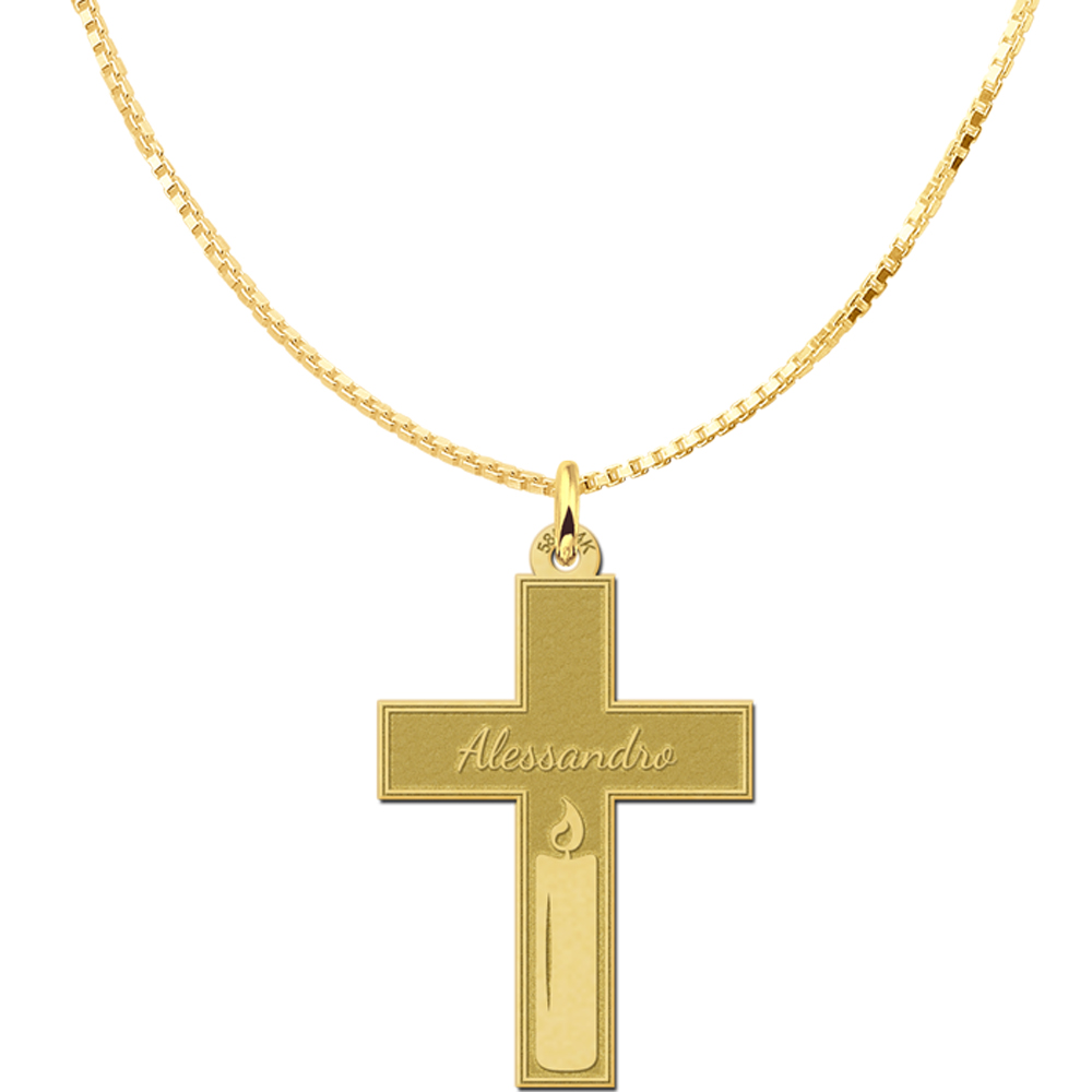 Goldenes Kommunion Kreuz mit Gravur und Kerze