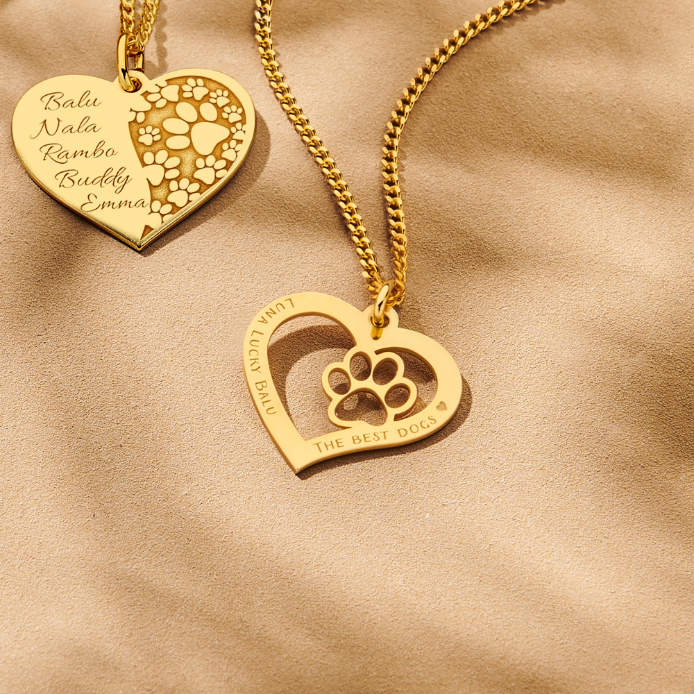 Goldener Herz Anhänger mit Pfötchen Design und Gravur