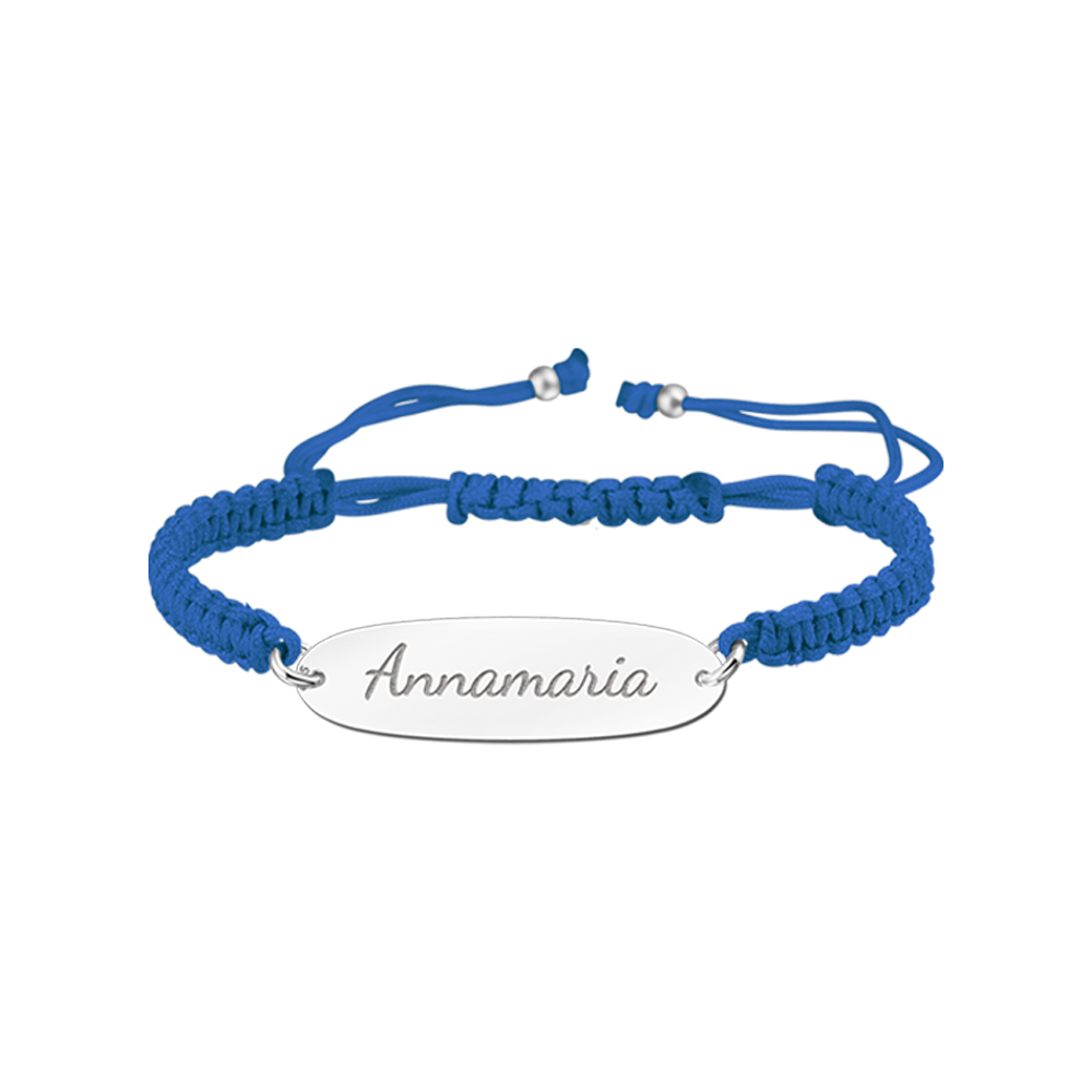 Silbernes Kinderarmband mit Namen Blau