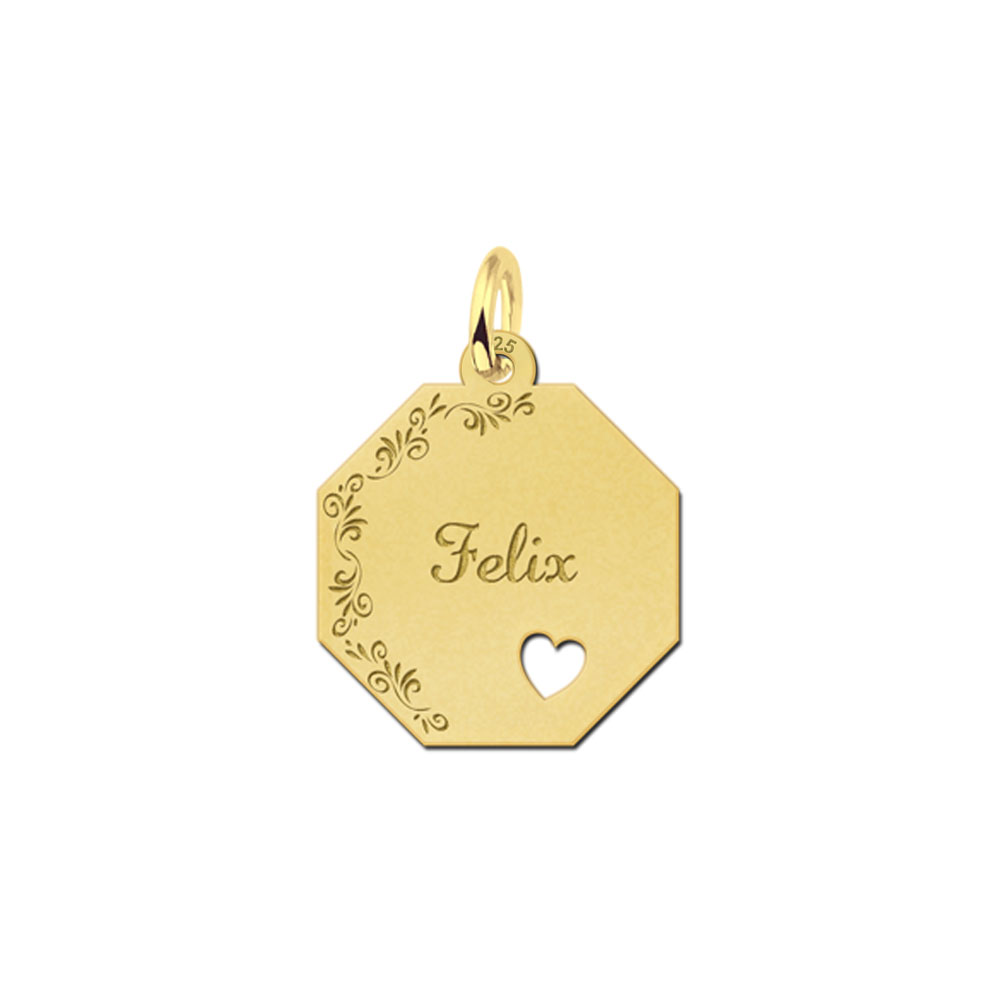 Achteckiger vergoldeter Anhänger mit Blumenrand, Namen und Herzen