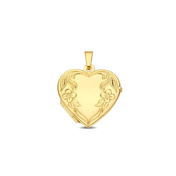 Goldenes Herzmedaillon mit Blumenrand und Gravur