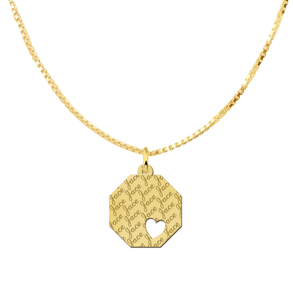 Achteckiger vergoldeter Anhänger mit wiederholtem Namensmuster und Herzen