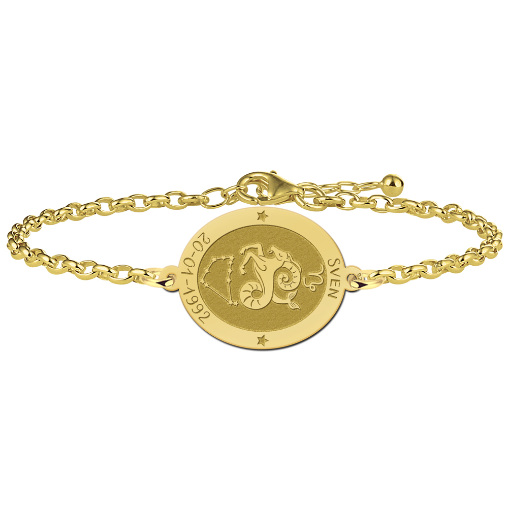 Vergoldetes ovales Sternzeichen Armband Steinbock mit Name und Datum