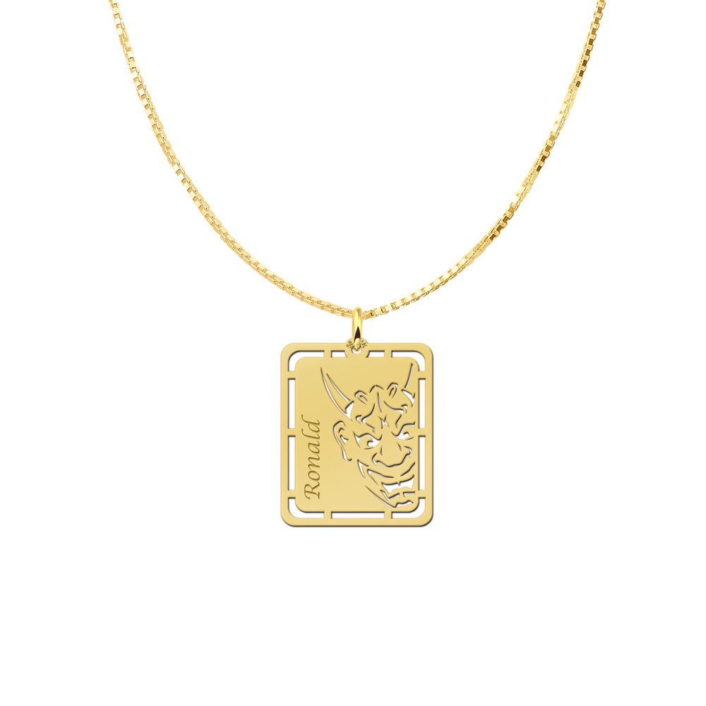 Goldener Anhänger mit japanischer Maske und Namensgravur