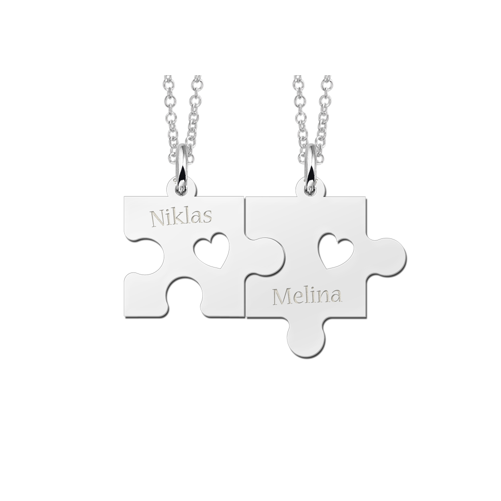 Silber Freundschaftskette mit Puzzleteilen, Herzen und Namen