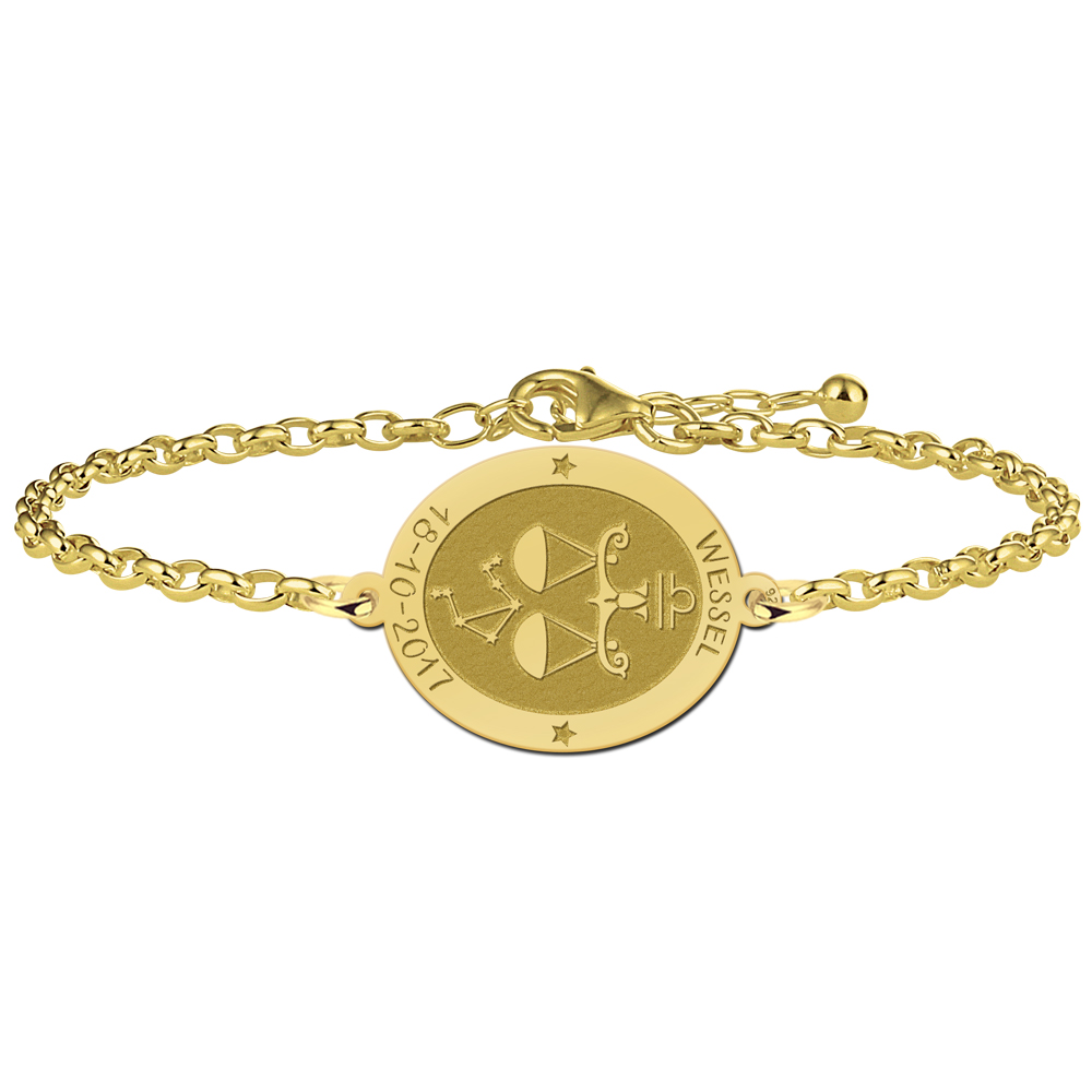 Vergoldetes ovales Sternzeichen Armband Waage mit Name und Datum