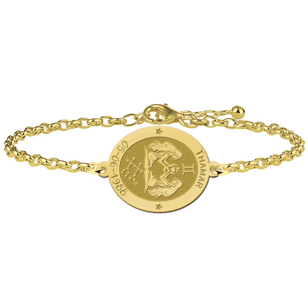Vergoldetes ovales Sternzeichen Armband Zwillinge mit Name und Datum