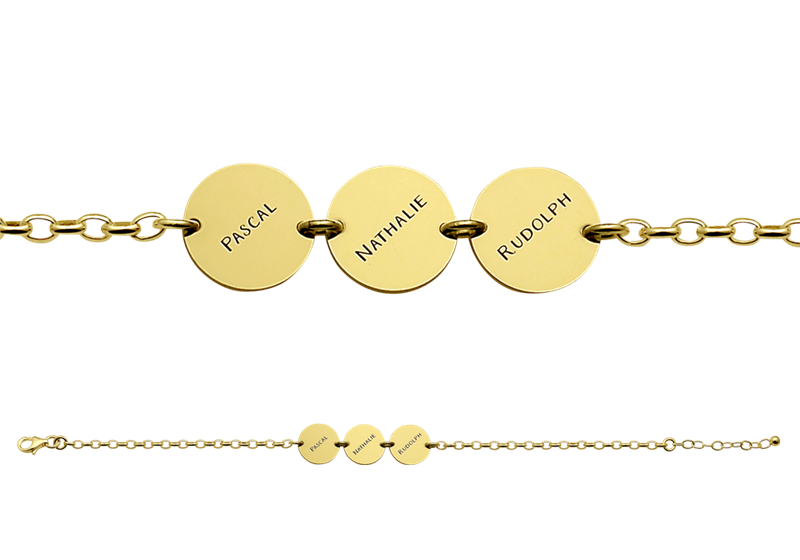 Goldenes Namensarmband mit drei runden Plättchen