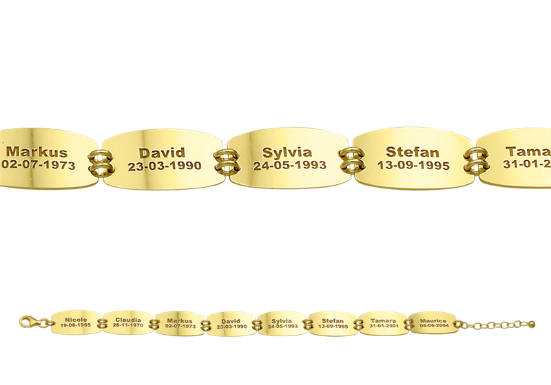 Goldenes Armband mit 8 Namen und Geburtsdatum