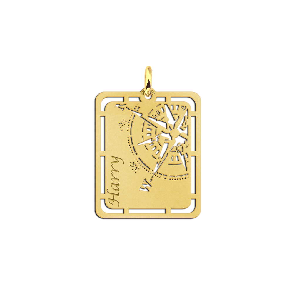 Goldener Anhänger mit Kompass und Namensgravur