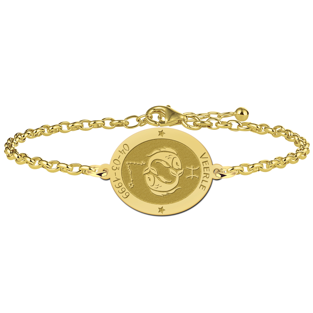 Vergoldetes ovales Sternzeichen Armband Fische mit Name und Datum