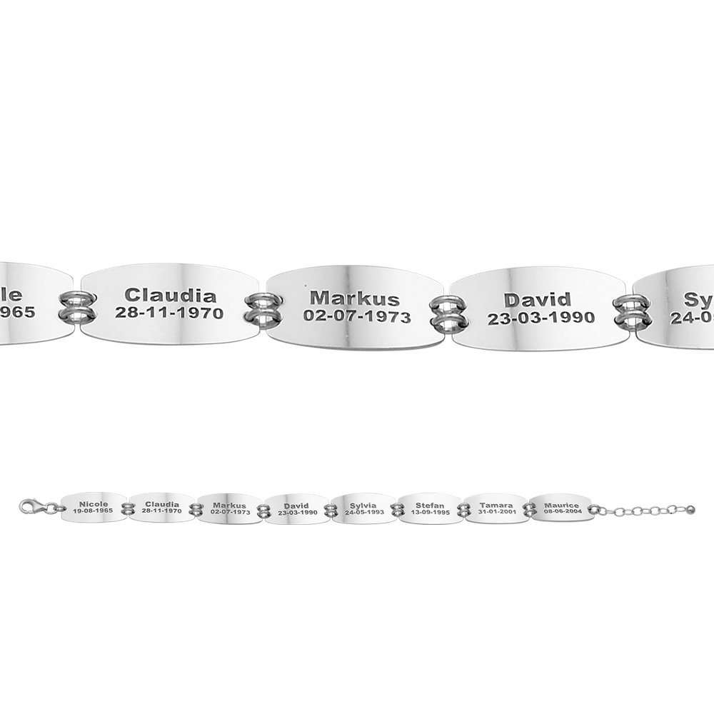 Silbernes Armband mit 8 Namen und Geburtsdatum