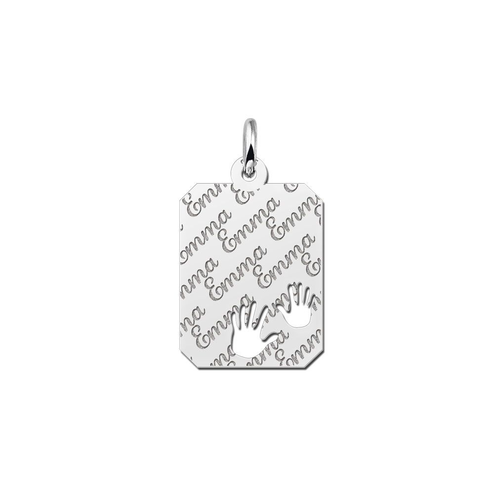 Kettenanhänger Silber Gravurplatte 8-eckig Namensgravur mit Händchen Kettenanhänger Silber Gravurplatte 8-eckig Namensgravur mit Händchen