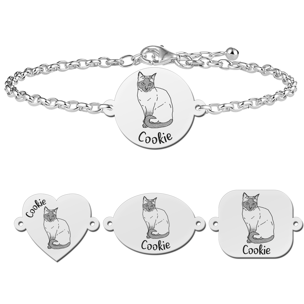 Silbernes Armband mit Katzengravur Siamkatze