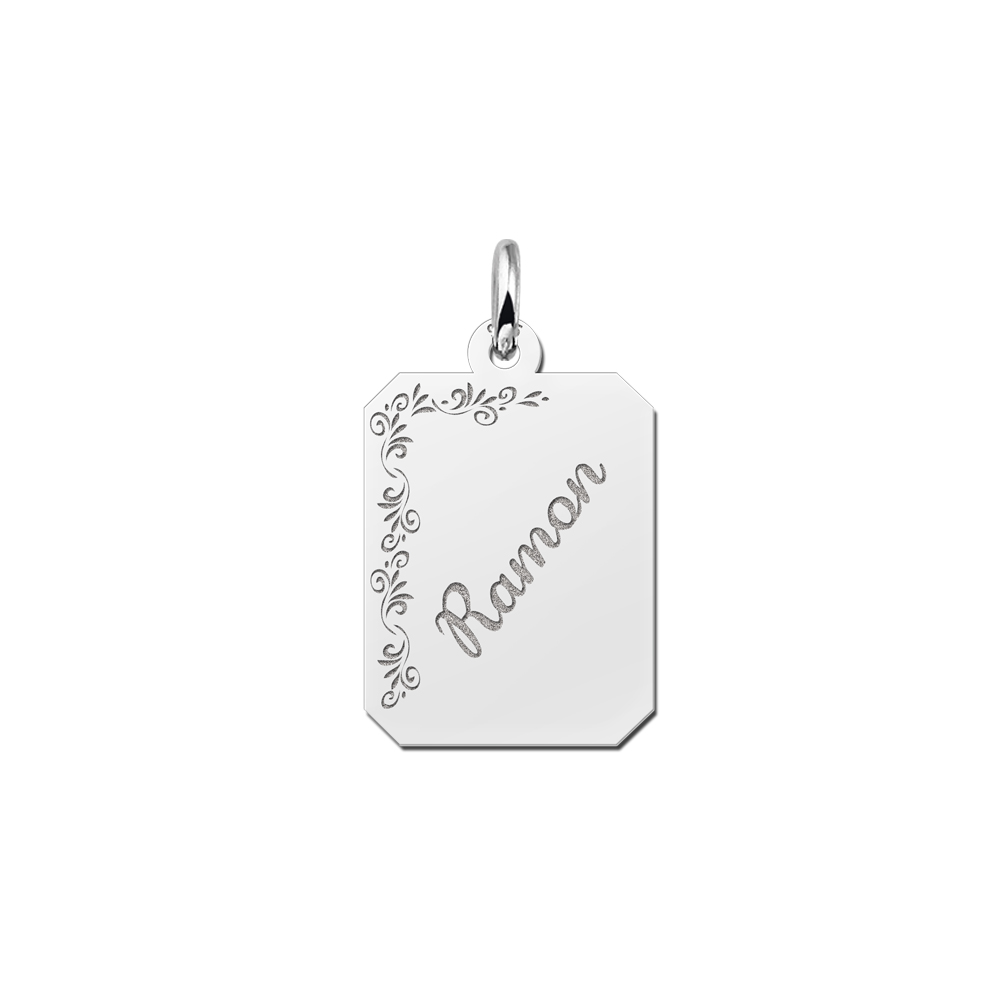 Kettenanhänger Silber Gravurplatte 8-eckig mit Blumenrand Kettenanhänger Silber Gravurplatte 8-eckig mit Blumenrand