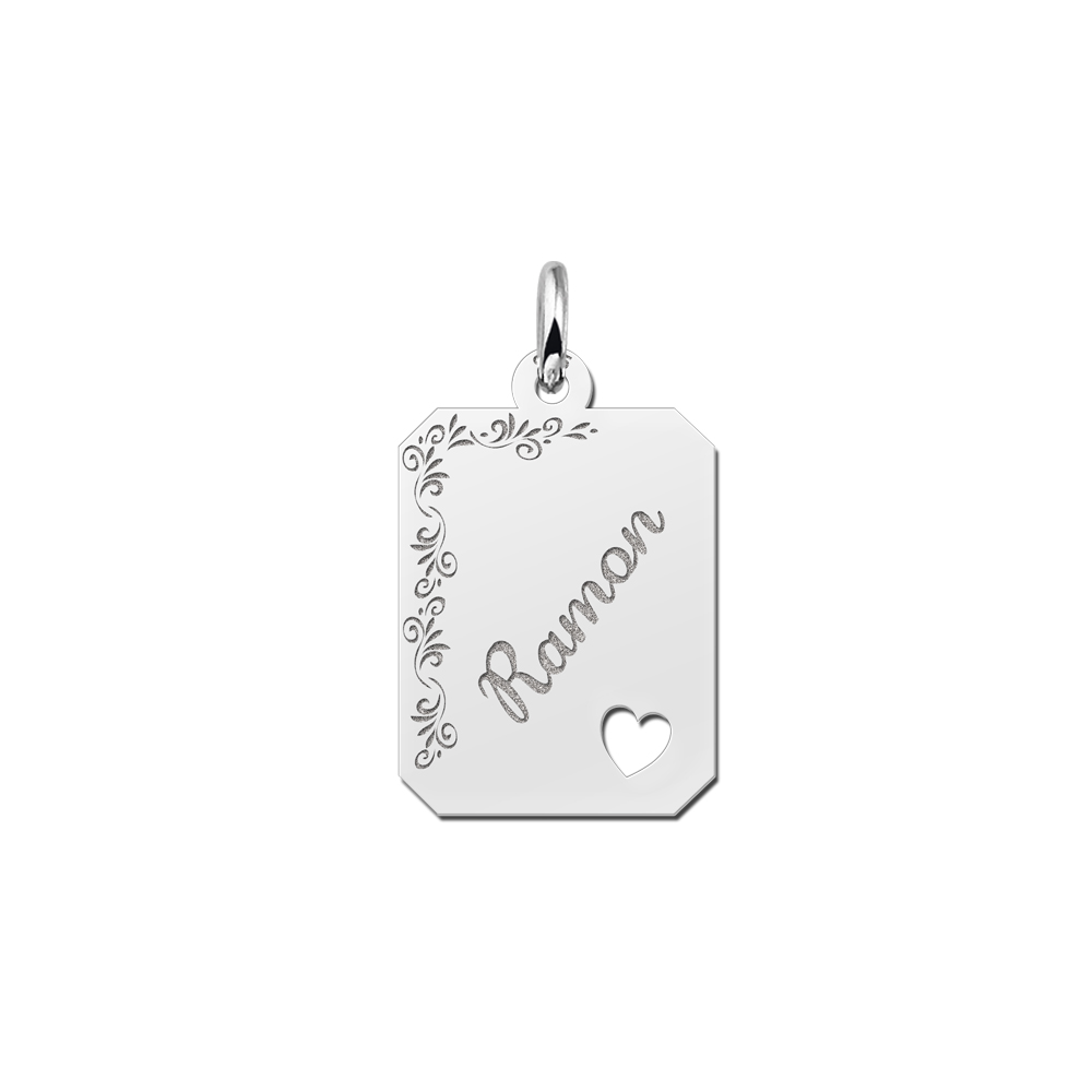 Kettenanhänger Silber Gravurplatte 8-eckig mit Blumenrand und Herzchen Kettenanhänger Silber Gravurplatte 8-eckig mit Blumenrand und Herzchen