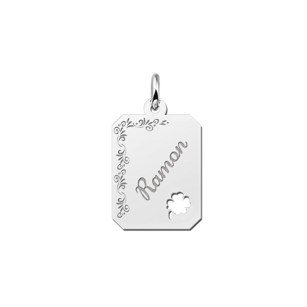 Kettenanhänger Silber 8-eckig mit Blumenrand und vierblättrigem Kleeblatt Kettenanhänger Silber 8-eckig mit Blumenrand und vierblättrigem Kleeblatt