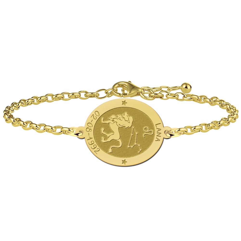 Vergoldetes ovales Sternzeichen Armband Löwe mit Name und Datum