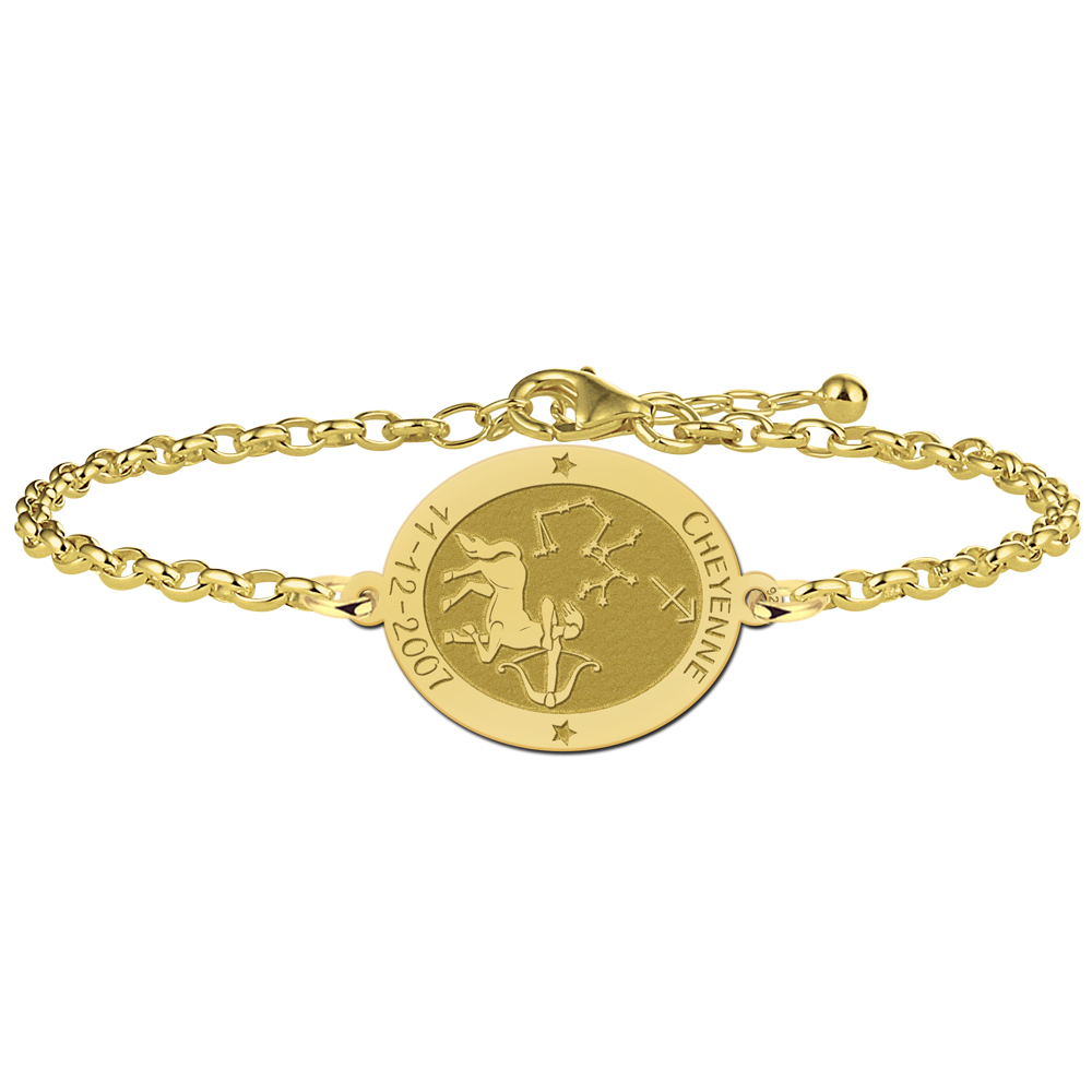 Vergoldetes ovales Sternzeichen Armband Schütze mit Name und Datum
