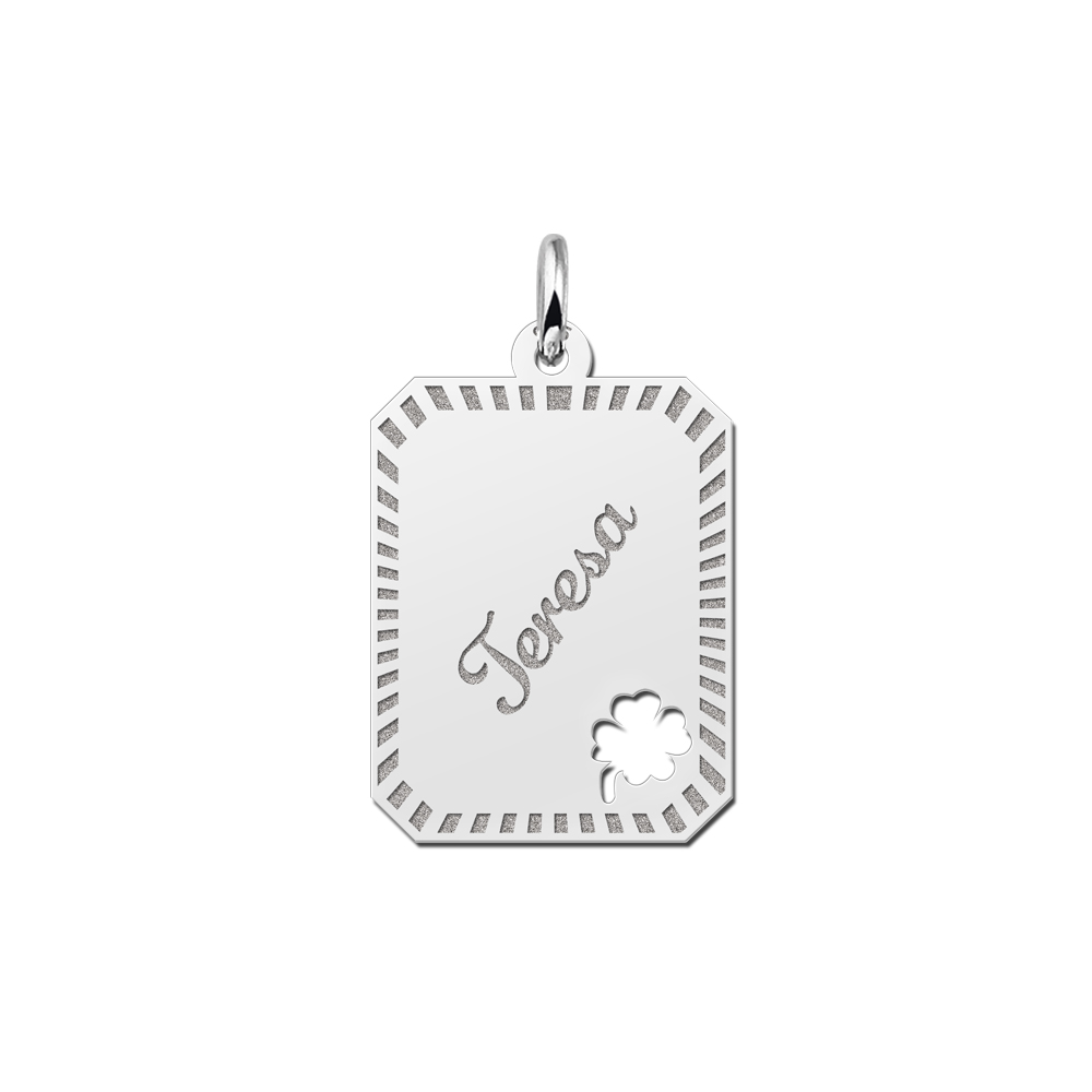 Kettenanhänger Silber Gravurplatte16  8-eckig mit Rand und vierblättrigem Kleeblatt
