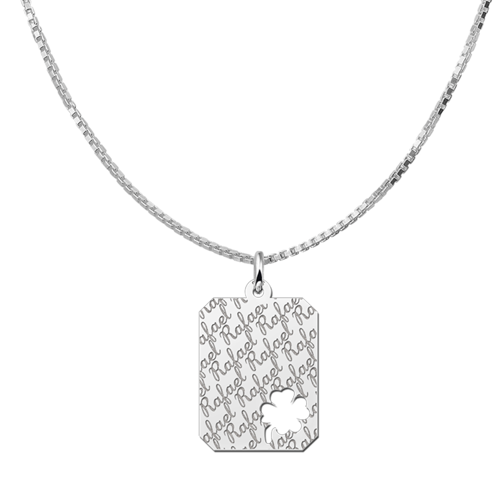 Kettenanhänger Silber Gravurplatte16  8-eckig Namensgravur mit vierblättrigem Kleeblatt
