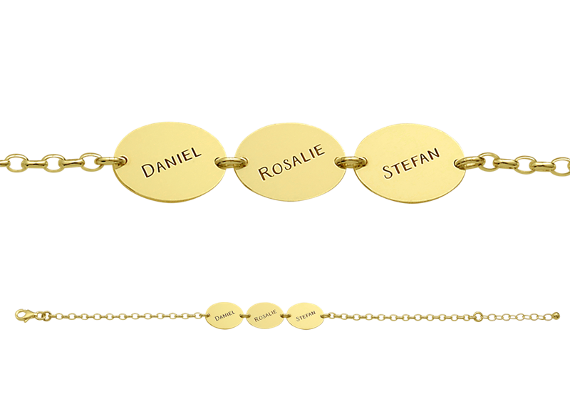 Goldenes Namensarmband oval mit 3 Namen