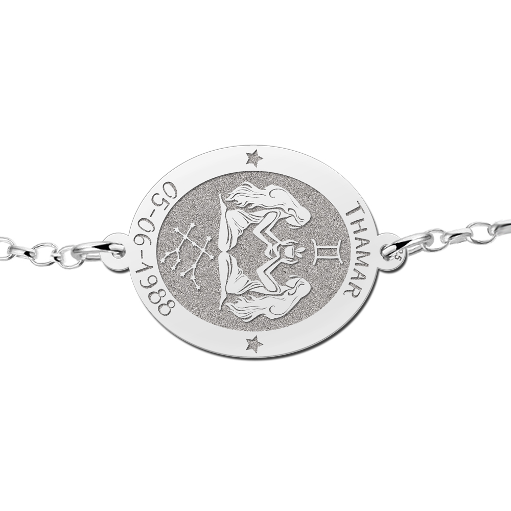 Silbernes Sternzeichen Armband oval Zwillinge