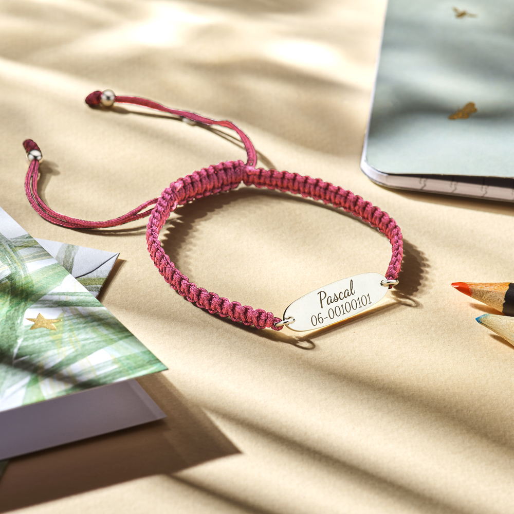 Silbernes Kinderarmband mit Namen und Telefonnummer Rosa