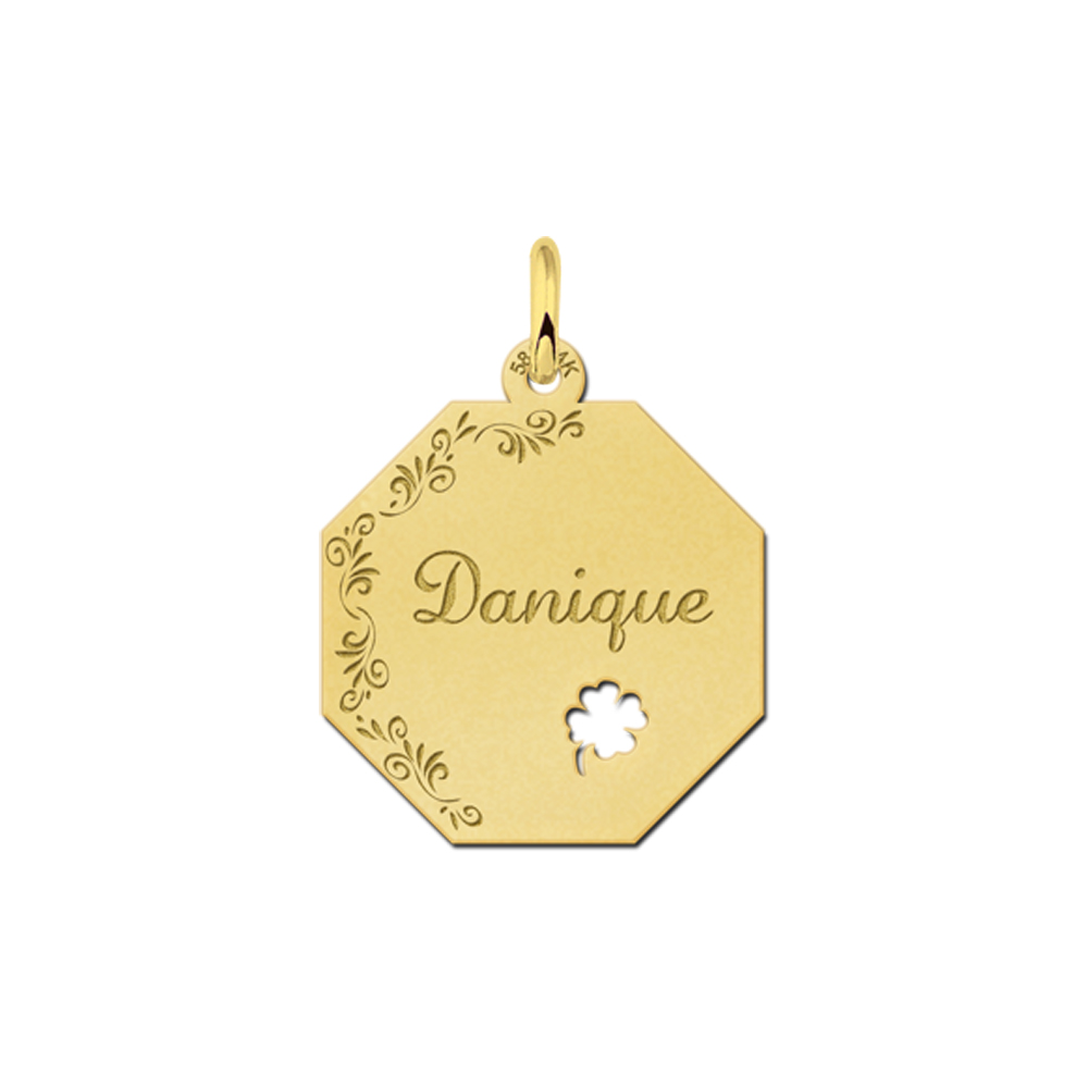 Goldener achteckiger Anhänger mit Ziergravur, Namensgravur und Kleeblatt