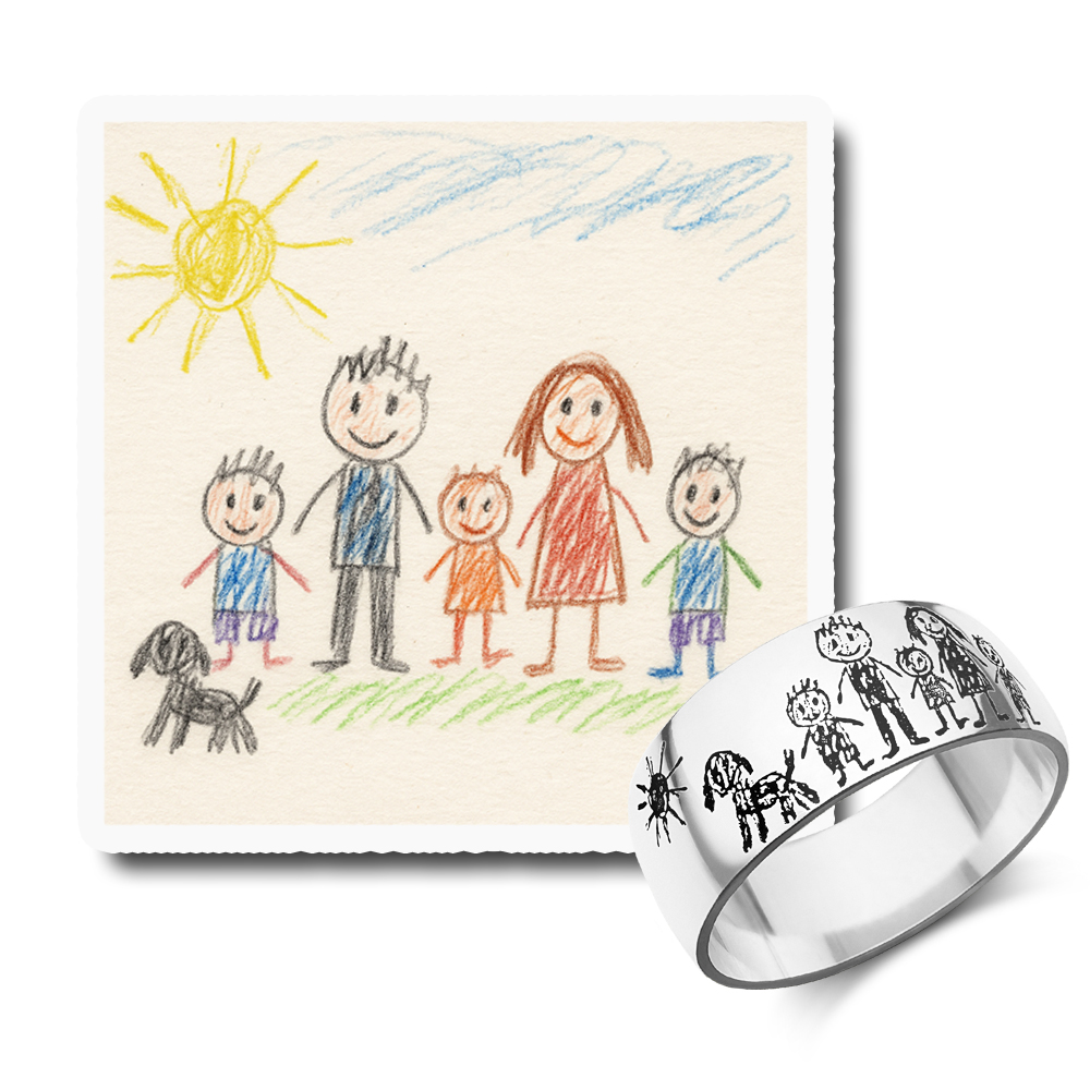 Silberner gewölbter Ring mit Gravur der Kinderzeichnung