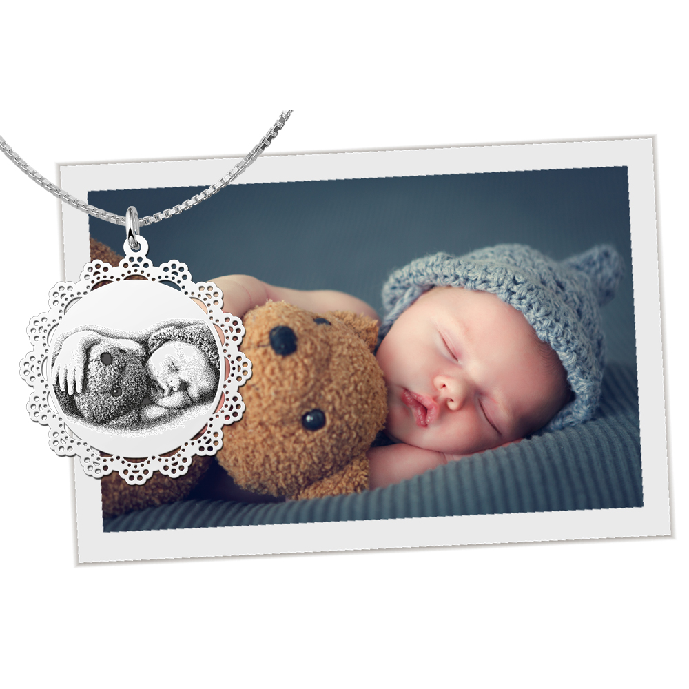 Fotoschmuck rund mit zierlichen rand silber