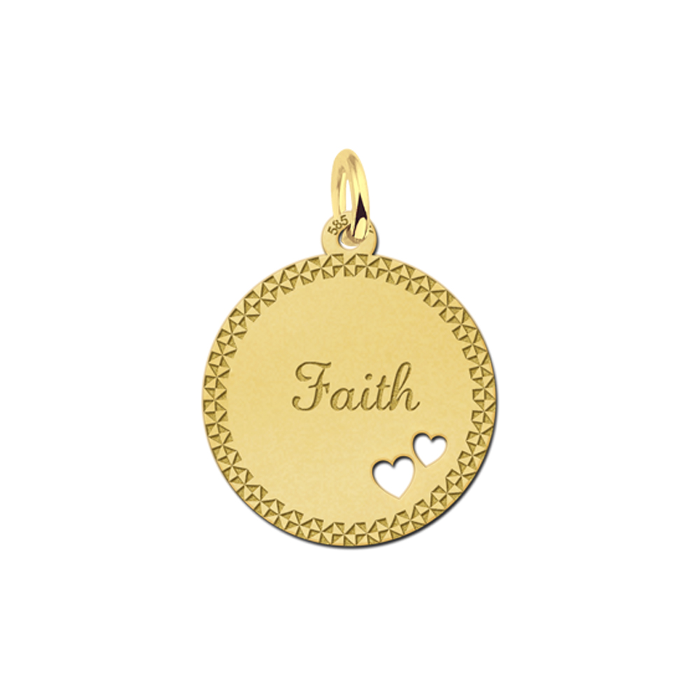 Golden Disc Necklace with Name, Border and Two Hearts