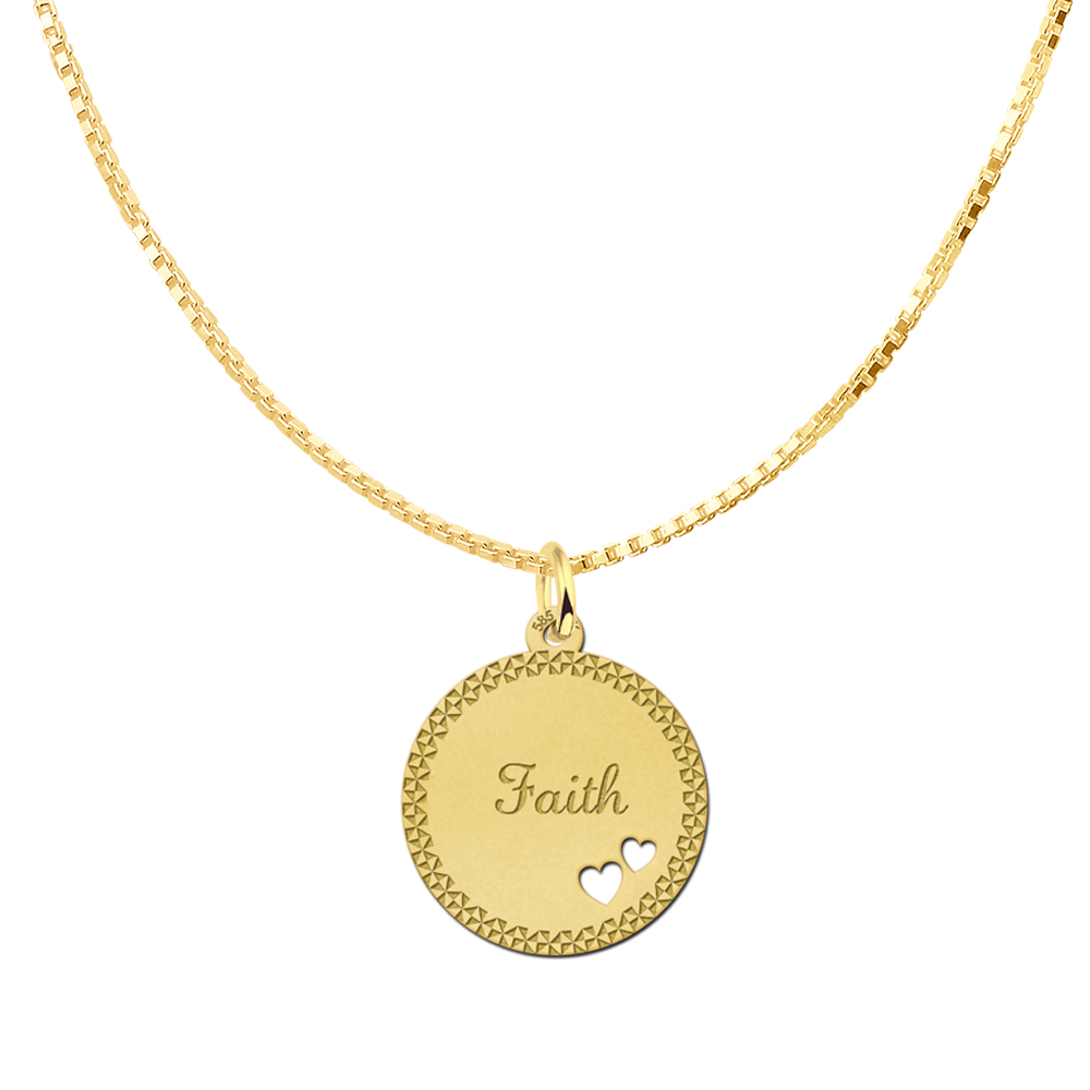 Golden Disc Necklace with Name, Border and Two Hearts